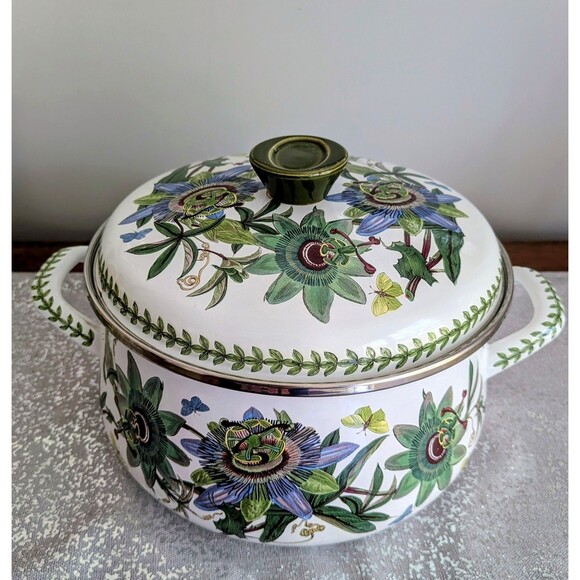 Portmeirion Botanic Garden VTG Blue Passion Flower Lg Metal Enamel Casserole Pot - Picture 1 of 16